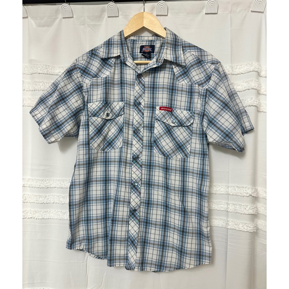Dickies Mens Blue White Plaid Short‎ Sleeve Western Pearl Snap Shirt Medium